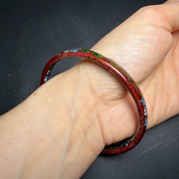 Vintage Red Cloisonné Floral Bangle Bracelet - Picture 8 of 8